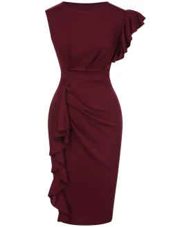 Discount Retro Stage 1960s Ruffles Sleeve Solid Wrap Dress Wine Red