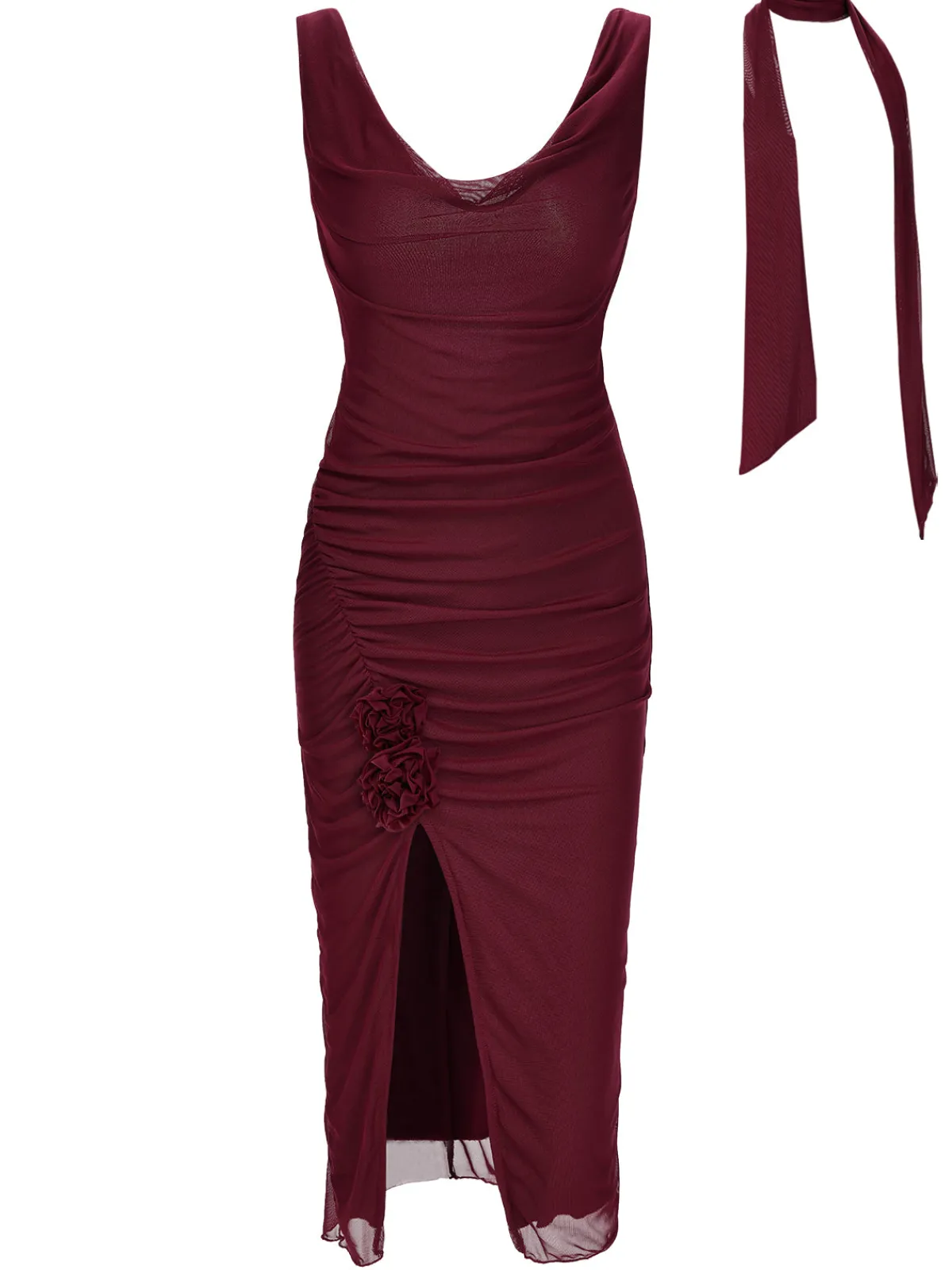 Online Retro Stage 1960s Scarf Slit Backless Dress Wine Red