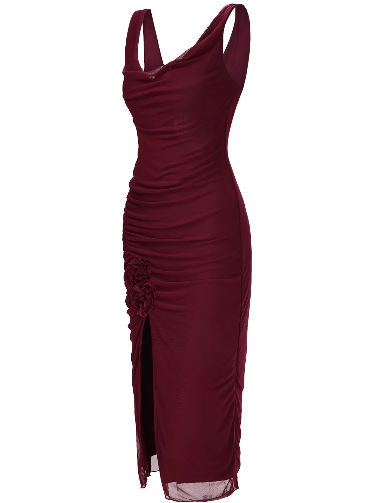 Online Retro Stage 1960s Scarf Slit Backless Dress Wine Red