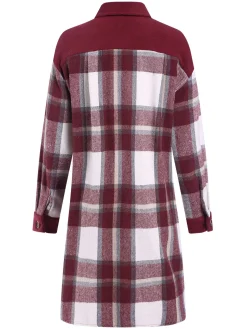 Clearance Retro Stage 1950s Shirt Collar Tartan Plaid Coat Wine Red