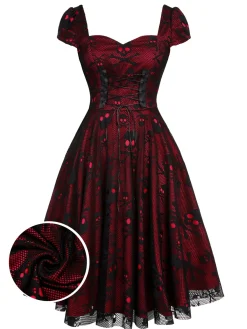 Hot Retro Stage 1950s Skull Mesh Swing Dress Wine Red
