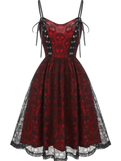 New Retro Stage Wine Red 1980s Skull Pattern Gothic Style Dress