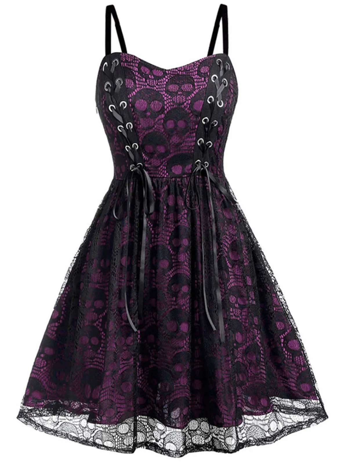 New Retro Stage Wine Red 1980s Skull Pattern Gothic Style Dress
