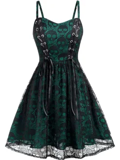 New Retro Stage Wine Red 1980s Skull Pattern Gothic Style Dress