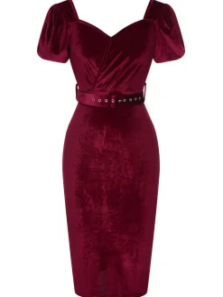 Hot Retro Stage 1960s Solid Belt Lantern Dress Wine Red