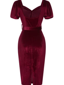 Hot Retro Stage 1960s Solid Belt Lantern Dress Wine Red