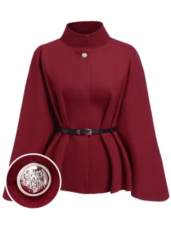Outlet Retro Stage 1960s Solid Belted Cloak Coat Wine Red