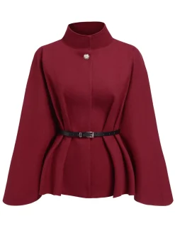Outlet Retro Stage 1960s Solid Belted Cloak Coat Wine Red