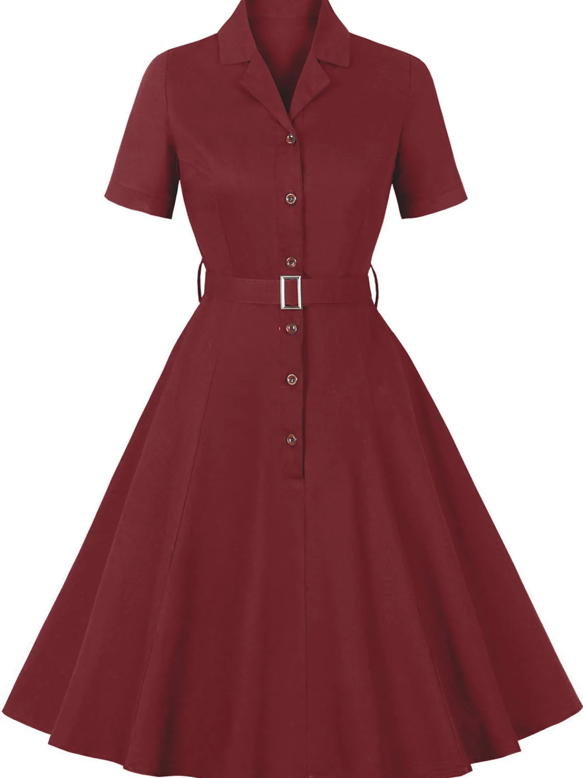 Fashion Retro Stage 1950s Solid Lapel Belted Dress Wine Red