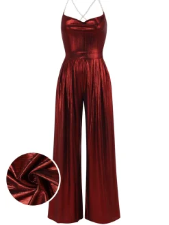 Online Retro Stage Wine Red 1970s Solid Metallic Strap Jumpsuit