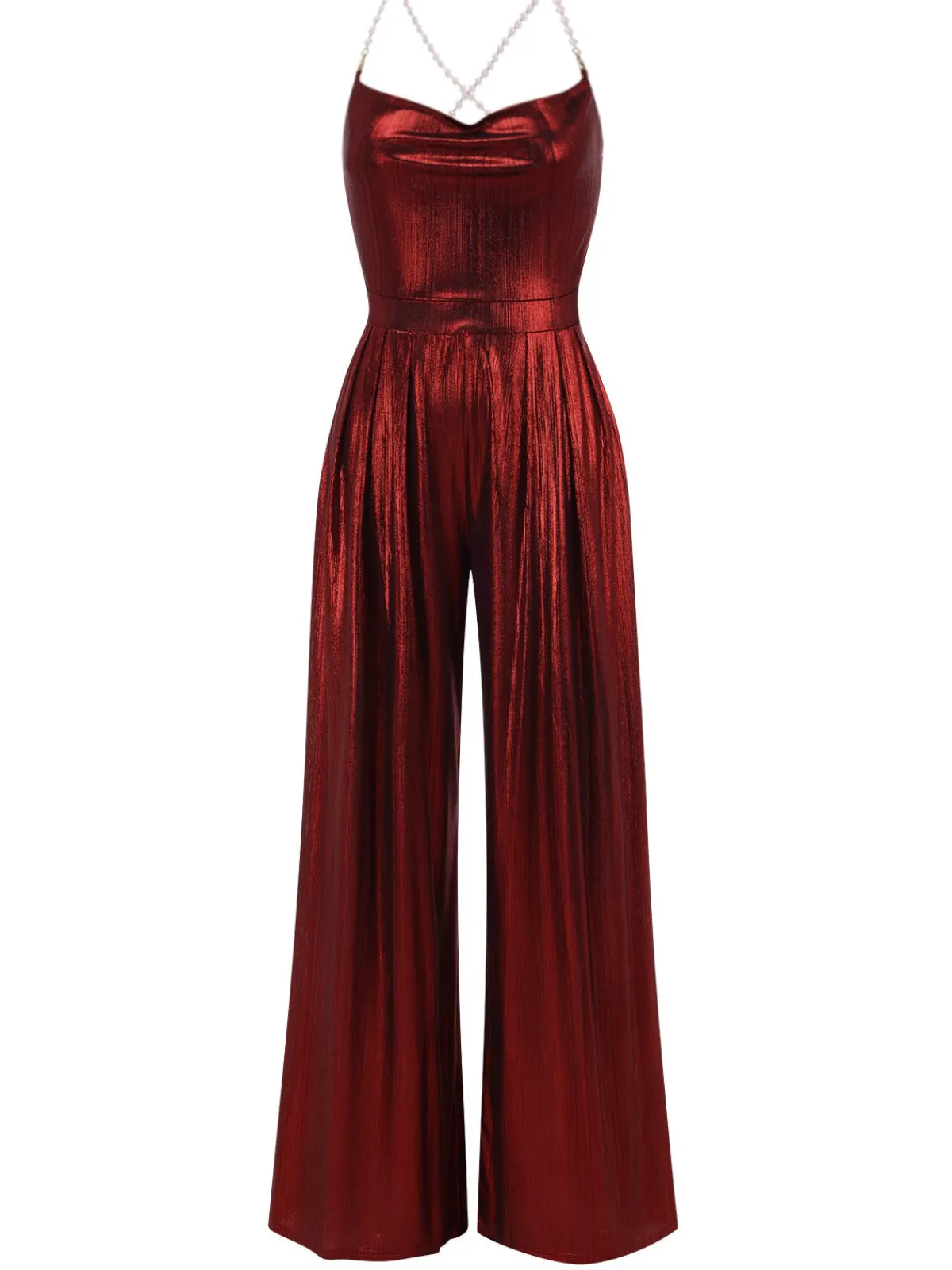 Online Retro Stage Wine Red 1970s Solid Metallic Strap Jumpsuit