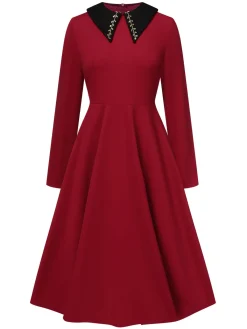 Fashion Retro Stage 1950s Solid Rhinestone Lapel Dress Wine Red