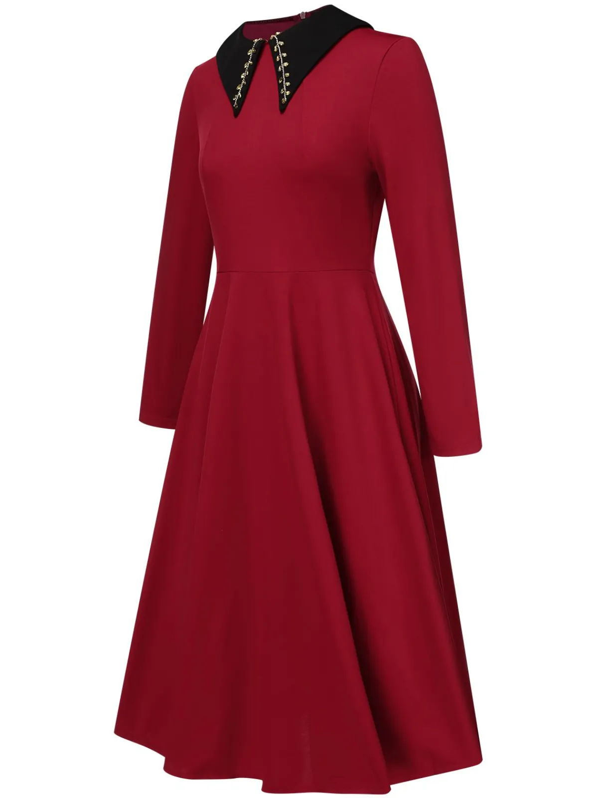 Fashion Retro Stage 1950s Solid Rhinestone Lapel Dress Wine Red