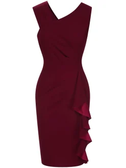 New Retro Stage 1960s Solid Ruffle Trim Pencil Dress Wine Red