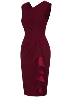 New Retro Stage 1960s Solid Ruffle Trim Pencil Dress Wine Red