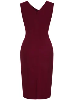 New Retro Stage 1960s Solid Ruffle Trim Pencil Dress Wine Red