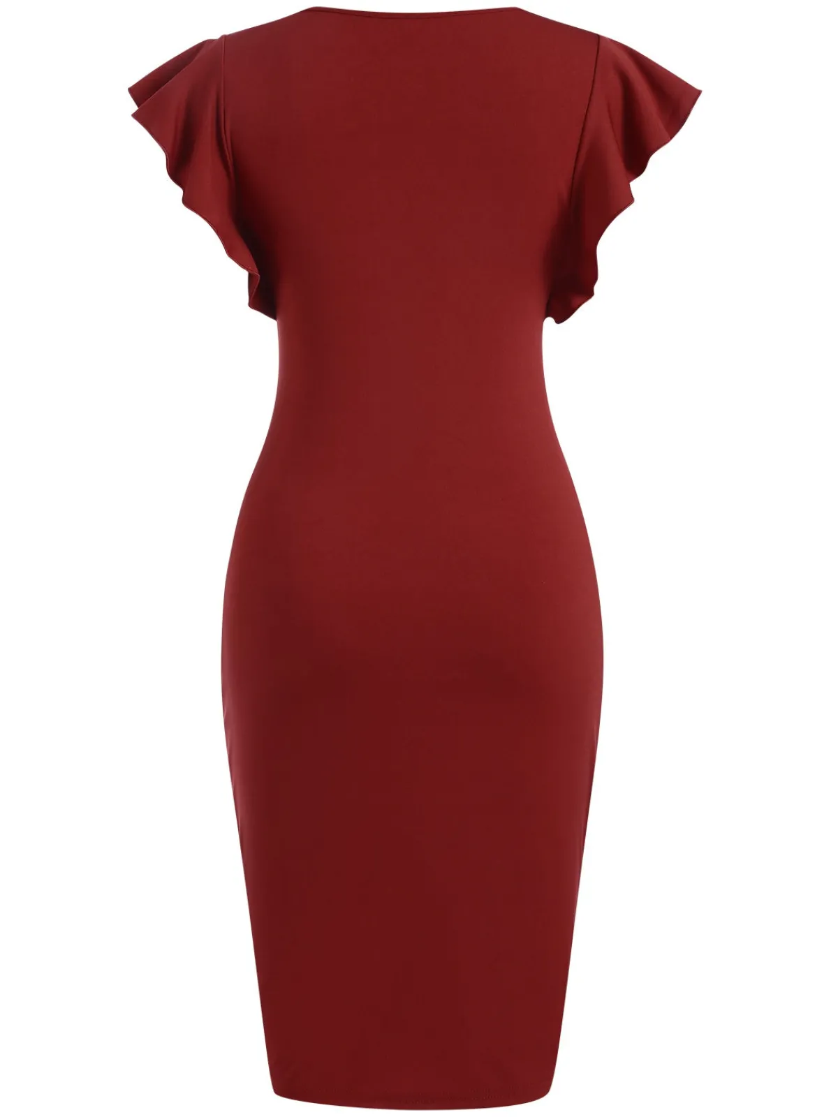 Online Retro Stage 1960s Solid Ruffle Trim Dress Wine Red
