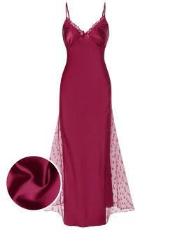 Clearance Retro Stage 1950s Solid Satin Mesh Suspender Nightdress Wine Red