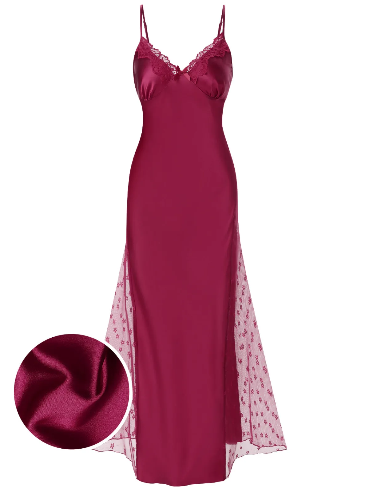 Clearance Retro Stage 1950s Solid Satin Mesh Suspender Nightdress Wine Red