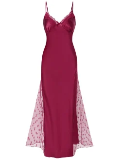 Clearance Retro Stage 1950s Solid Satin Mesh Suspender Nightdress Wine Red