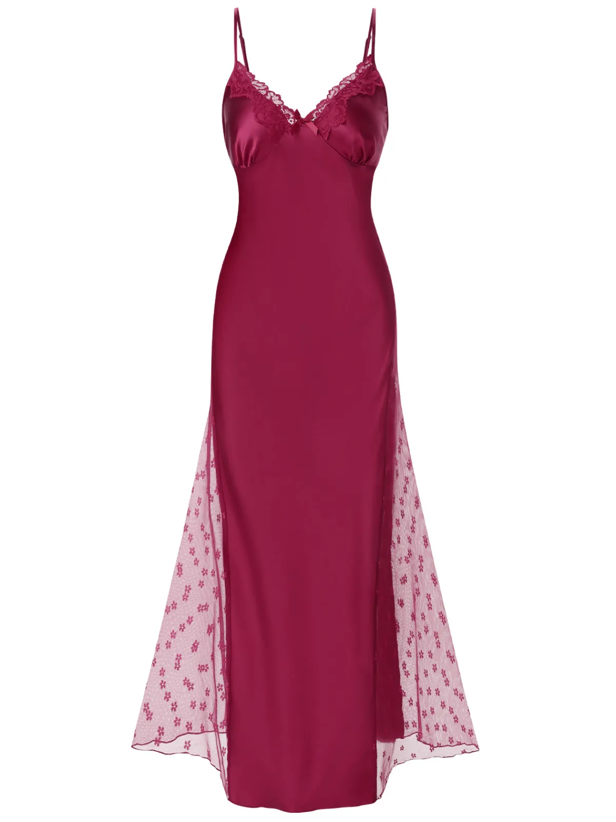Clearance Retro Stage 1950s Solid Satin Mesh Suspender Nightdress Wine Red