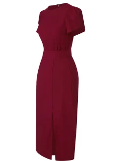 Discount Retro Stage 1960s Solid Side Slit Dress Wine Red