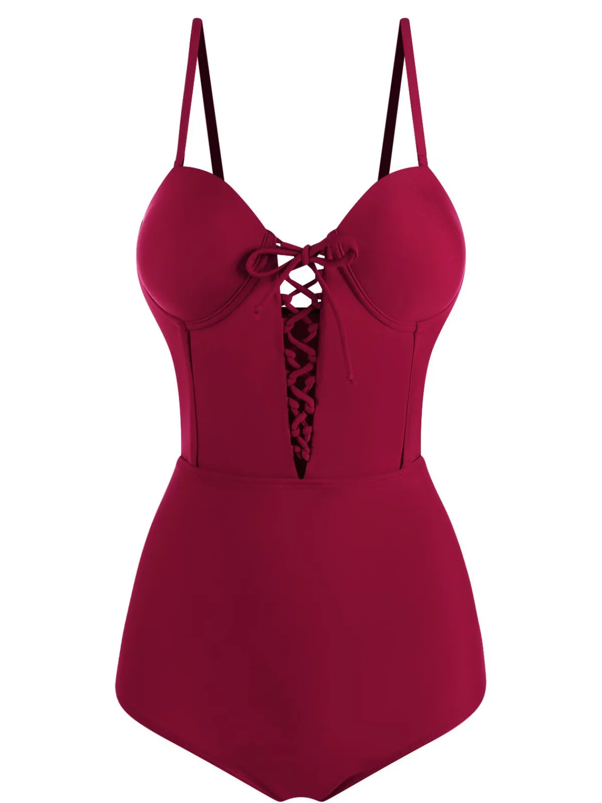 Clearance Retro Stage 1960s Solid Spaghetti Strap One-piece Swimsuit Wine Red