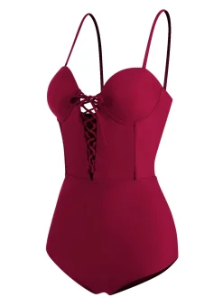 Clearance Retro Stage 1960s Solid Spaghetti Strap One-piece Swimsuit Wine Red