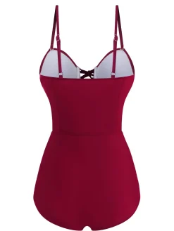Clearance Retro Stage 1960s Solid Spaghetti Strap One-piece Swimsuit Wine Red