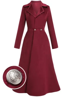 Fashion Retro Stage 1930s Solid Suede Lapel Long Coat Wine Red
