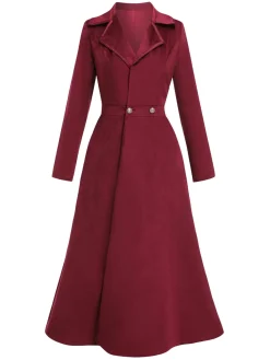Fashion Retro Stage 1930s Solid Suede Lapel Long Coat Wine Red