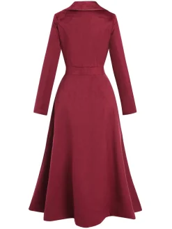 Fashion Retro Stage 1930s Solid Suede Lapel Long Coat Wine Red