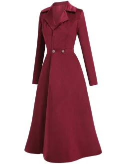 Fashion Retro Stage 1930s Solid Suede Lapel Long Coat Wine Red