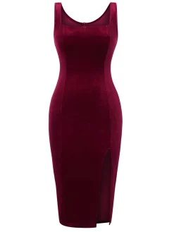 Best Retro Stage 1960s Solid U-Neck Velvet Slit Dress Wine Red