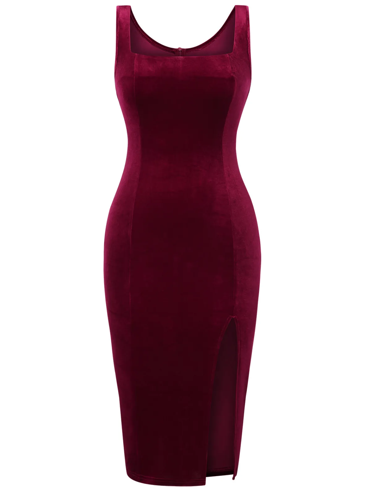 Best Retro Stage 1960s Solid U-Neck Velvet Slit Dress Wine Red