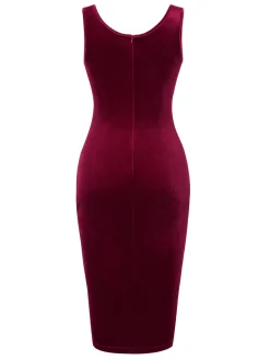 Best Retro Stage 1960s Solid U-Neck Velvet Slit Dress Wine Red