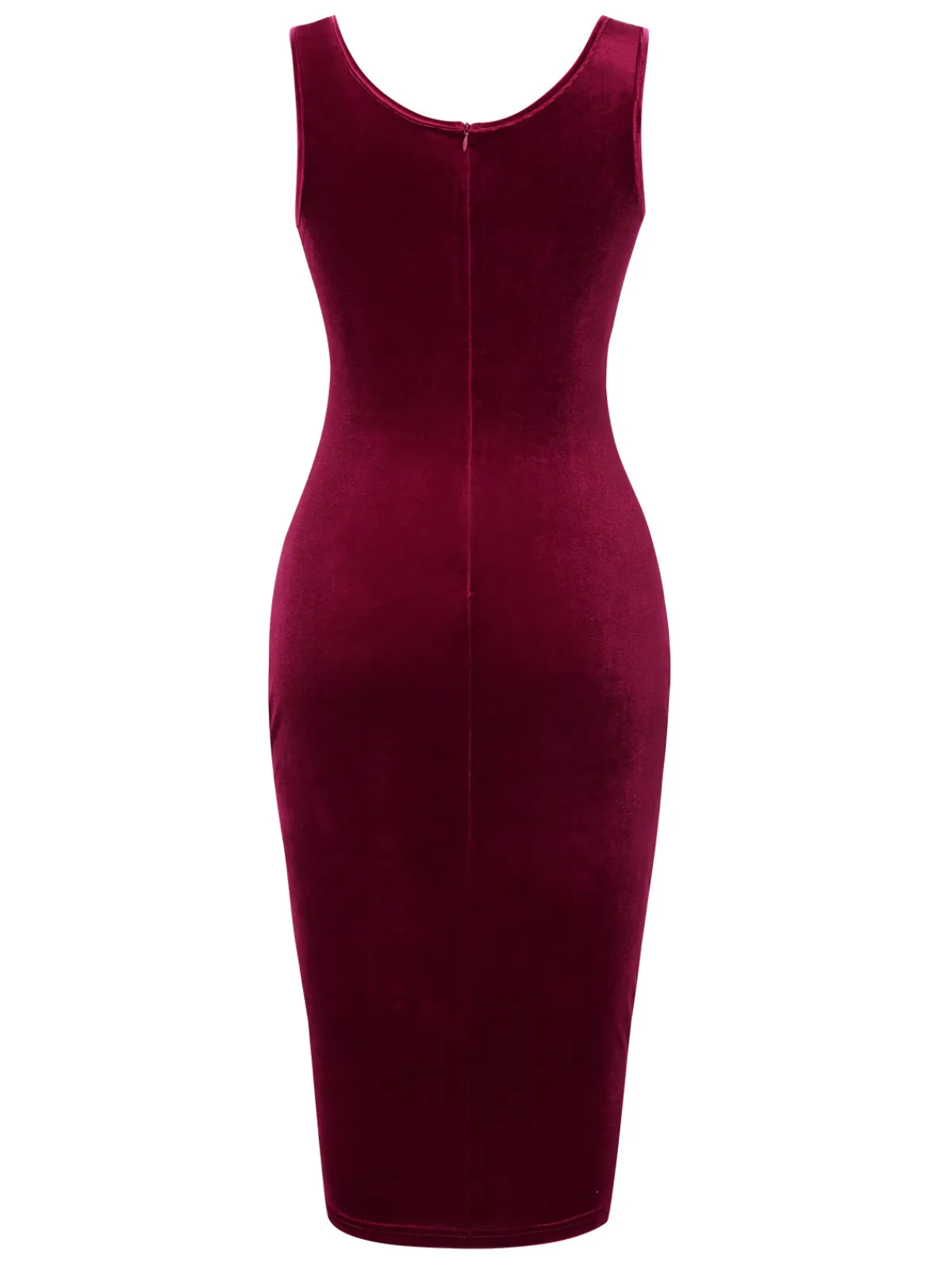 Best Retro Stage 1960s Solid U-Neck Velvet Slit Dress Wine Red