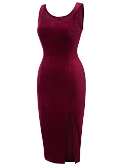 Best Retro Stage 1960s Solid U-Neck Velvet Slit Dress Wine Red