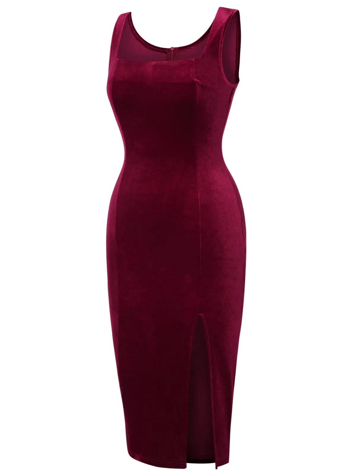 Best Retro Stage 1960s Solid U-Neck Velvet Slit Dress Wine Red