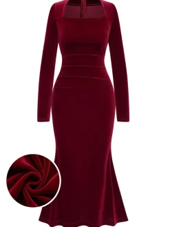 New Retro Stage 1930s Solid Velvet Mermaid Dress Wine Red