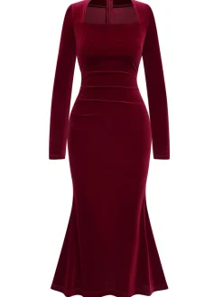 New Retro Stage 1930s Solid Velvet Mermaid Dress Wine Red