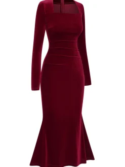 New Retro Stage 1930s Solid Velvet Mermaid Dress Wine Red