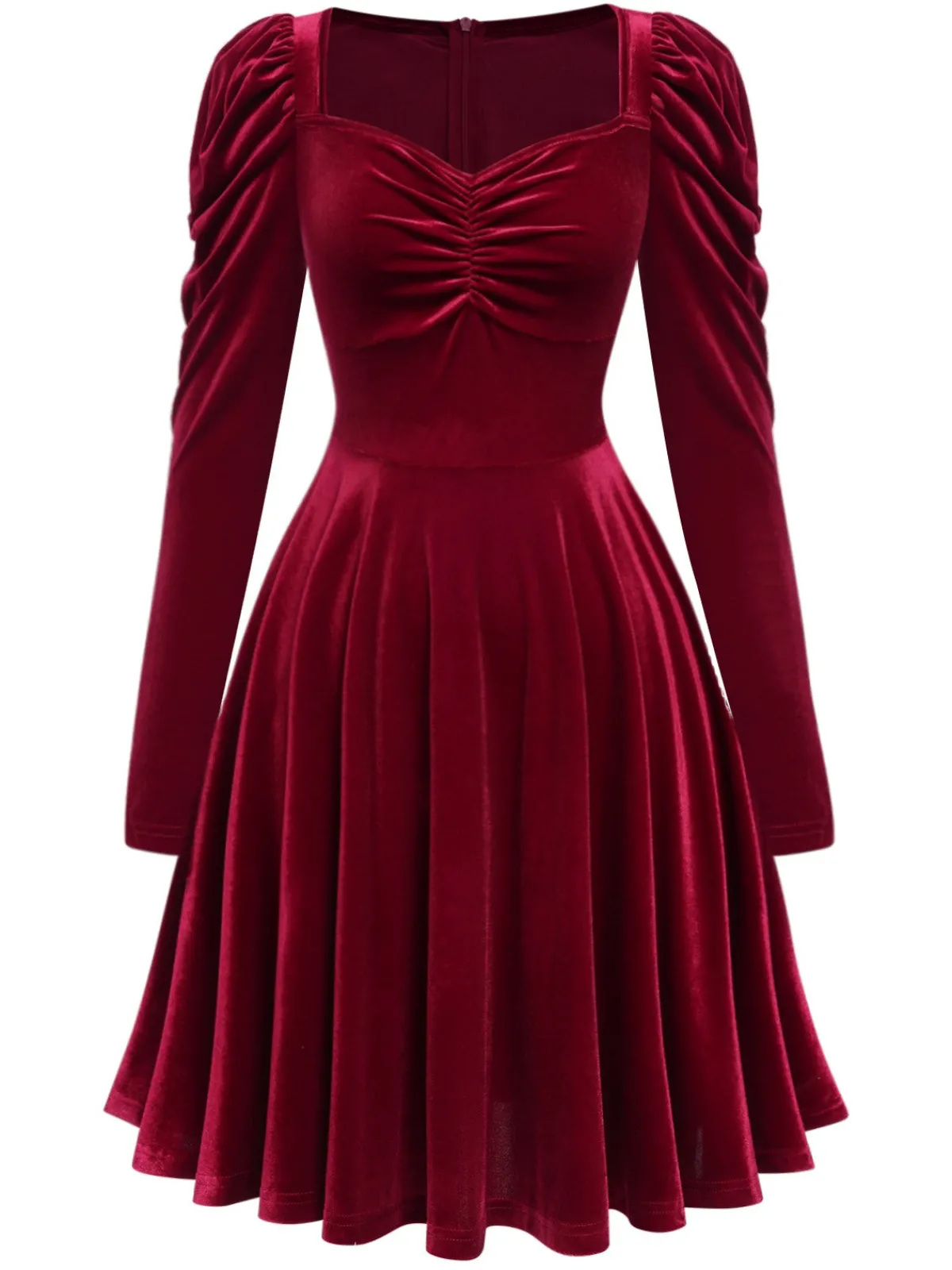 Best Retro Stage 1940s Solid Velvet Puff Dress Wine Red