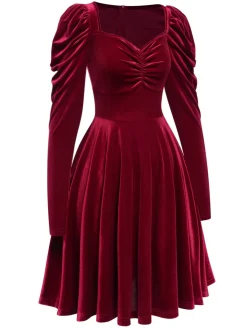 Best Retro Stage 1940s Solid Velvet Puff Dress Wine Red