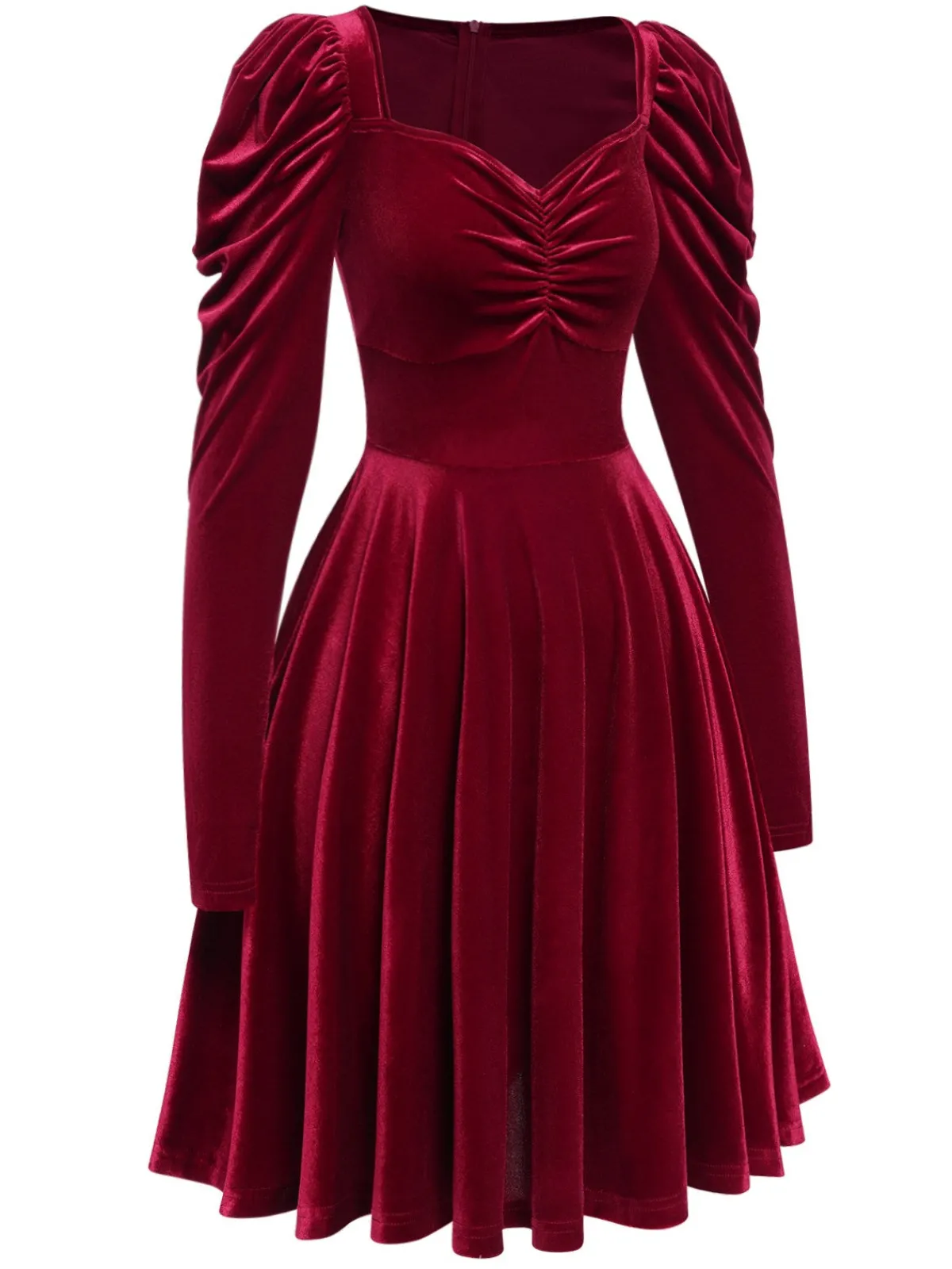 Best Retro Stage 1940s Solid Velvet Puff Dress Wine Red