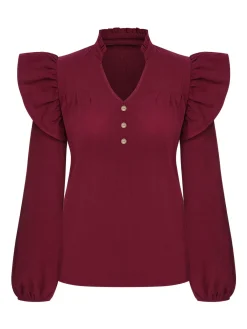 Discount Retro Stage 1950s Solid V-neck Ruffle Blouse Wine Red