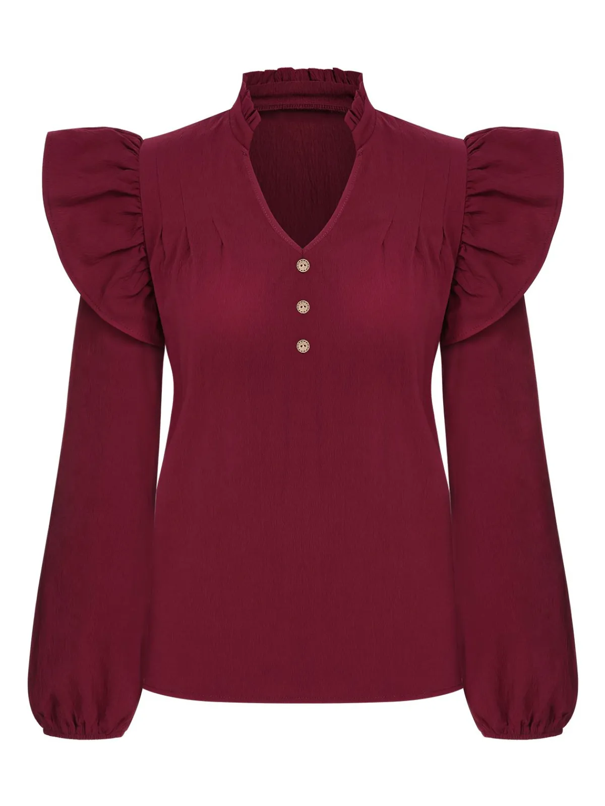 Discount Retro Stage 1950s Solid V-neck Ruffle Blouse Wine Red