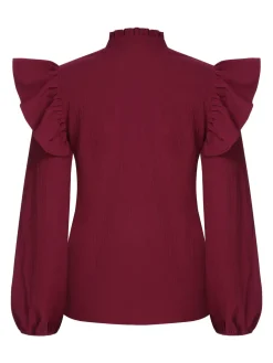 Discount Retro Stage 1950s Solid V-neck Ruffle Blouse Wine Red