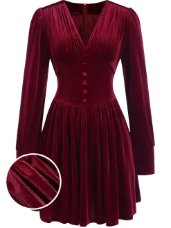 Discount Retro Stage 1940s Solid V-Neck Velvet Party Dress Wine Red