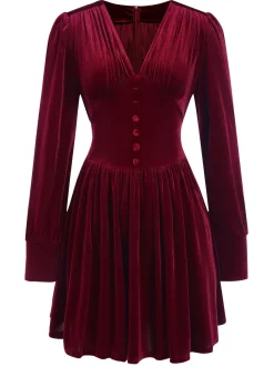 Discount Retro Stage 1940s Solid V-Neck Velvet Party Dress Wine Red